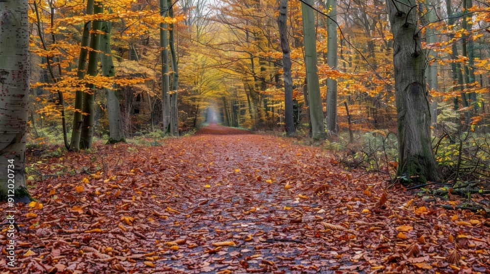 Poster A path through a forest, lined by tall trees with yellow and orange leaves. The path is covered in fallen leaves, and the light is soft and warm.
