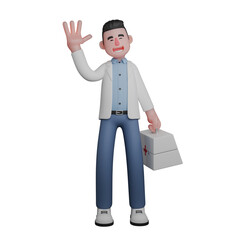 Professional Healthcare 3D. Male Doctor Greeting by Waving His Left Hand and Holding a Medical Bag With His Right Hand. Male Doctor Character