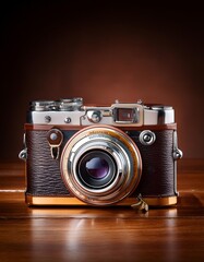 vintage camera on table with copy space.