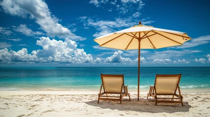 Fototapeta premium A beach scene with two beach chairs under a large umbrella