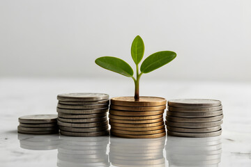 Stack of coins with a small plant growing on top, symbolizing savings and investment