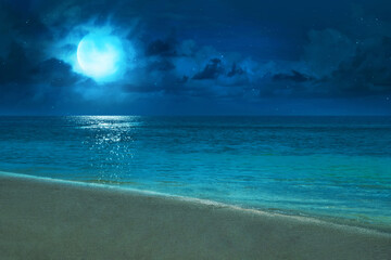 Beautiful tropical beach at night sky with stars and moon, Nature background