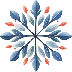 Fototapeta premium Decorative snowflake design featuring shades of blue, green, and red leaves isolated on transparent background.