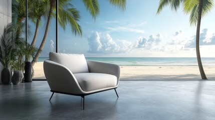 Naklejka premium Large living room with a modern armchair on a concrete floor, beach and sea view, 3D render