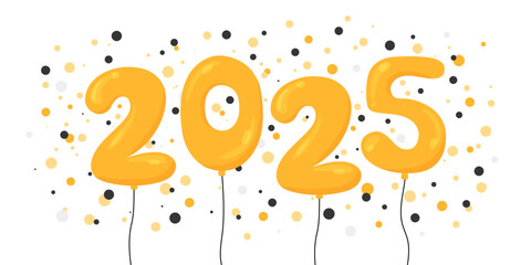 2025 New Year celebration vector illustration. Balloons numbers and confetti. Flat style golden colored helium balloons isolated. Inflatable digits on strings