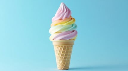 Colorful ice cream cone standing upright on a pastel blue background, perfect for summer and dessert themes.