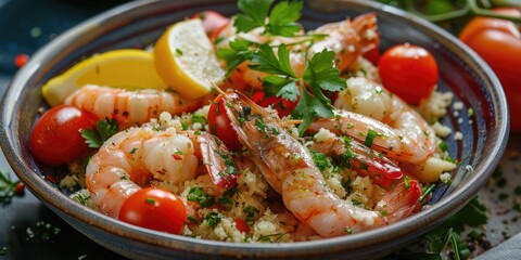 Brazilian cuisine Shrimp dish with tomatoes farofa and lemon