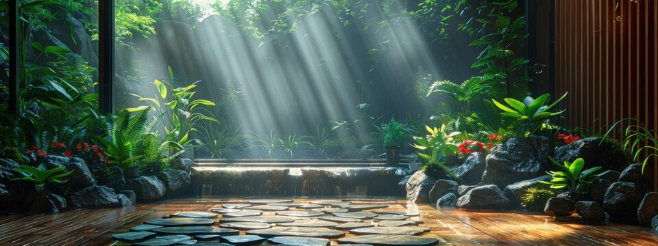 raw photo of entrance interior hallway with naturalistic vibe, ferns, plants, rough stones, stone wall and floor, water feauture, morning light.