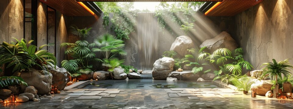raw photo of entrance interior hallway with naturalistic vibe, ferns, plants, rough stones, stone wall and floor, water feauture, morning light.