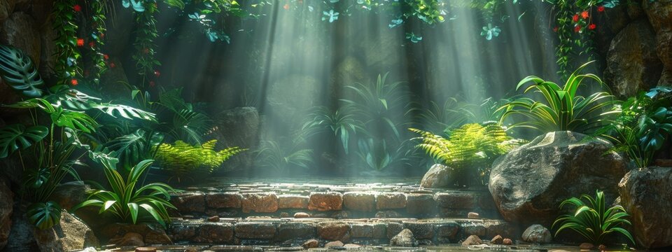 raw photo of entrance interior hallway with naturalistic vibe, ferns, plants, rough stones, stone wall and floor, water feauture, morning light.
