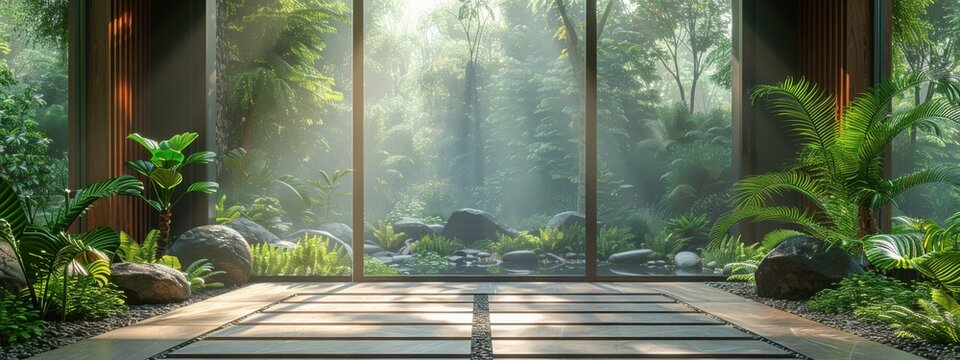 raw photo of entrance interior hallway with naturalistic vibe, ferns, plants, rough stones, stone wall and floor, water feauture, morning light.