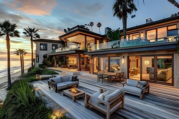 Fototapeta premium Luxury Beach House with Ocean Views and Fire Pit