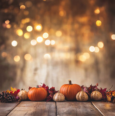 pumpkins on wood floor with out of focus lights in the distance for photo backdrop background