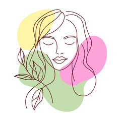 Beautiful Girl Face with Nature Leaves Plant for Natural Beauty Care in Line Art Style