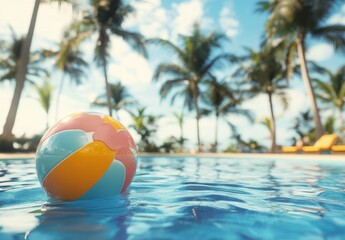 A beach ball in a clear blue water in a summer themed resort with the sunlight scorching from above, vacation spot, scenic beautiful photography