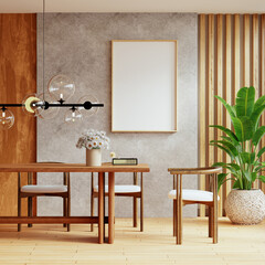 Dining area features a minimalist design with wooden furniture, modern lighting, and a large indoor...