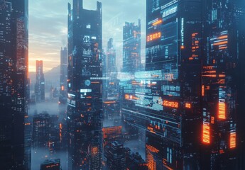 A sleek and minimal futuristic cityscape, with digital displays embedded in skyscrapers and transparent data overlays enhancing the high-tech ambiance