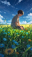 anime boy in meadow cartoon manga art illustration design background 3