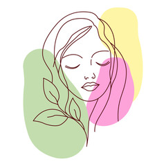 Beautiful Girl Face with Nature Leaves Plant for Natural Beauty Care in Line Art Style