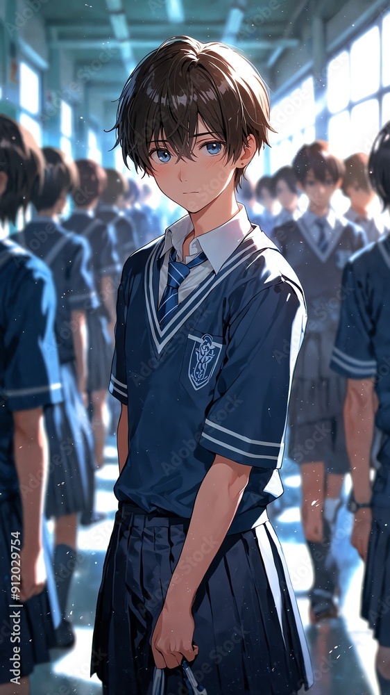 Poster anime boy in school blue uniform cartoon manga art illustration design background