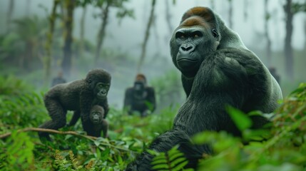 Naklejka premium a silverback gorilla leading its troop through lush jungle foliage. Ideal for nature documentaries and educational exhibits about endangered species.