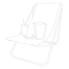 Outline of a folding beach chair with a package of popcorn, a glass of soda and cinema glasses. Vector illustration.