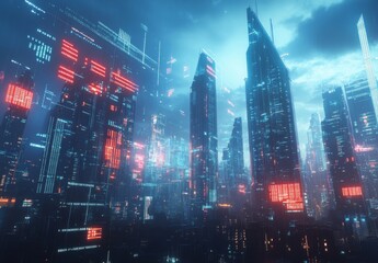 A high tech urban environment with streamlined skyscrapers, transparent data overlays, and digital displays creating a futuristic and clean design