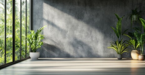 A room with a gray wall and large windows and plants on the floor, minimalistic professional setting, photoshoot spot for events, interior design for serene architectural atmosphere