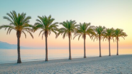 A row of palm trees are lined up on a beach near the ocean