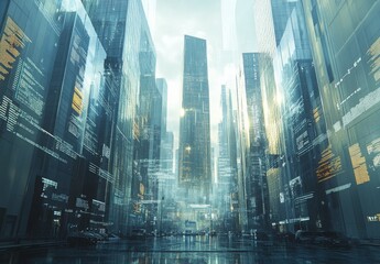A high tech urban environment with streamlined skyscrapers, transparent data overlays, and digital displays creating a futuristic and clean design