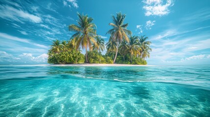 A beautiful island with palm trees and a clear blue ocean