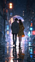 Obraz premium anime couple in raincoat cartoon manga art illustration design background 3