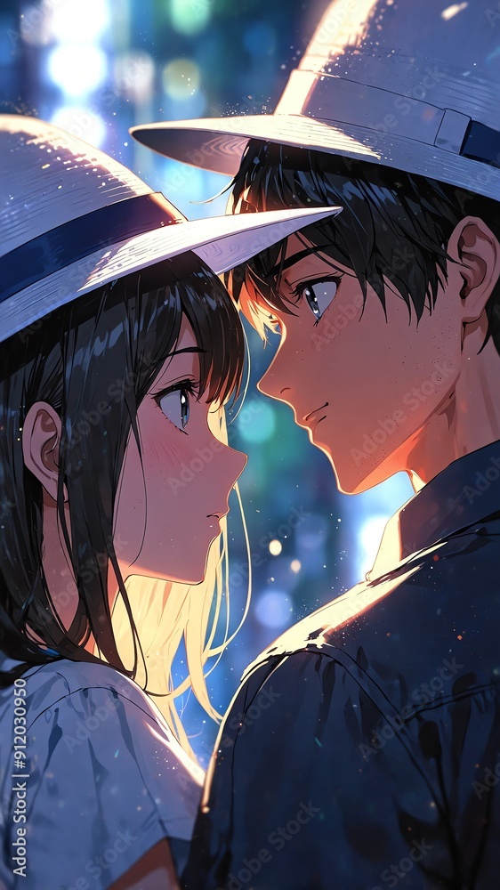 Poster anime couple in white hat cartoon manga art illustration design background