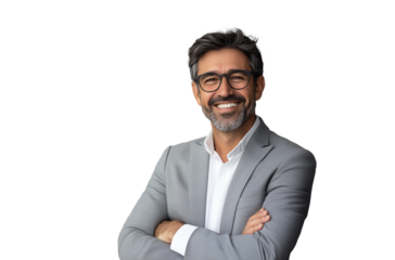 Senior gray hair businessman with eyeglasses. Isolated on transparent background.