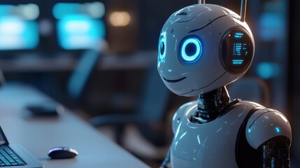 White Robot with Blue Eyes Sitting at a Desk with a Laptop