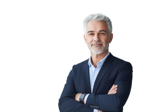 Senior gray hair in his 50s or 60s businessman. Isolated on transparent background.