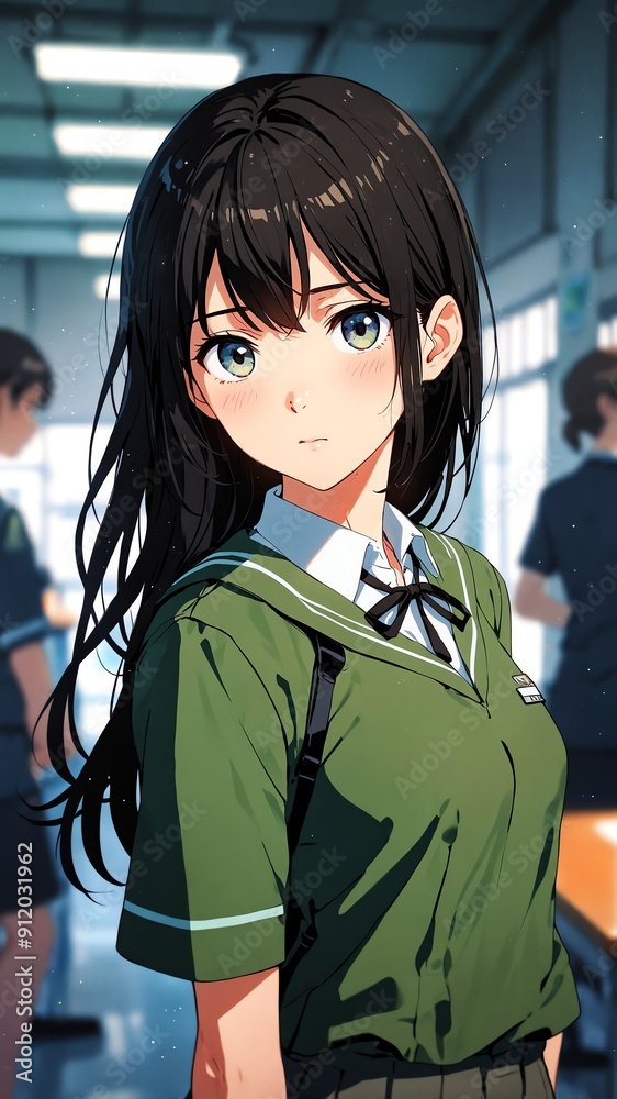 Poster anime girl in school green uniform cartoon manga art illustration design background