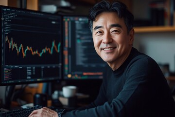 Fototapeta premium A smiling mature middle aged Korean man sitting in front of a computer with a stock market trading graph on the screen.