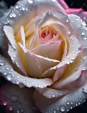 macro close-up of soft white and pink rose with dew water droplets