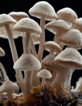 bunch of white mushrooms against black background