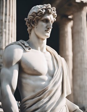 beautiful white marble statue of ancient roman or greek man in front of pillars