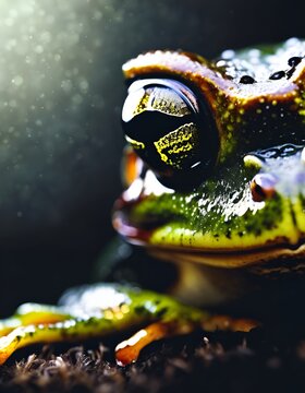 close-up photo of slimy green frog