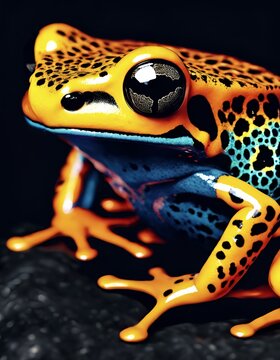 exotic orange poisonous frog sitting on rock in tropical rainforest