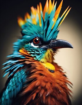 crested orange and blue bird with ruffled feathers
