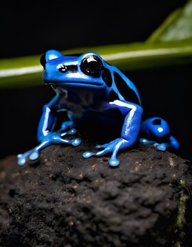 exotic blue poison arrow frog sitting on rock in tropical rainforest