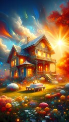 A cozy house by a snowy lake in t