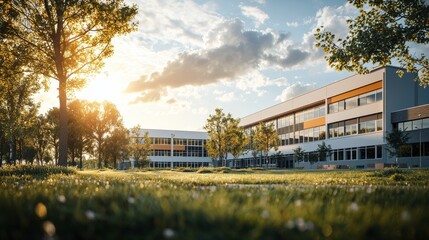 Obraz premium A large building with a lot of windows and a tree in front of it