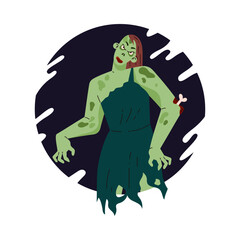 Creepy zombie woman corpse, vector flat rotting cadaver, walking dead, cartoon Halloween monster in black round frame