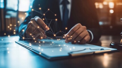 Person signing a document with glowing digital network overlay