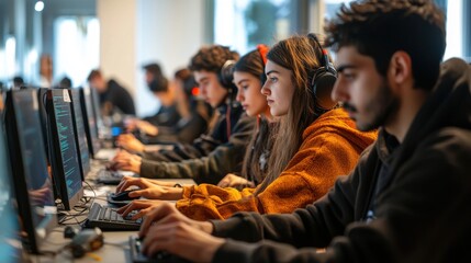 A coding workshop for adults, where participants of various ages are intensely focused on their screens, writing and debugging code, with a modern, collaborative workspace atmosphere 